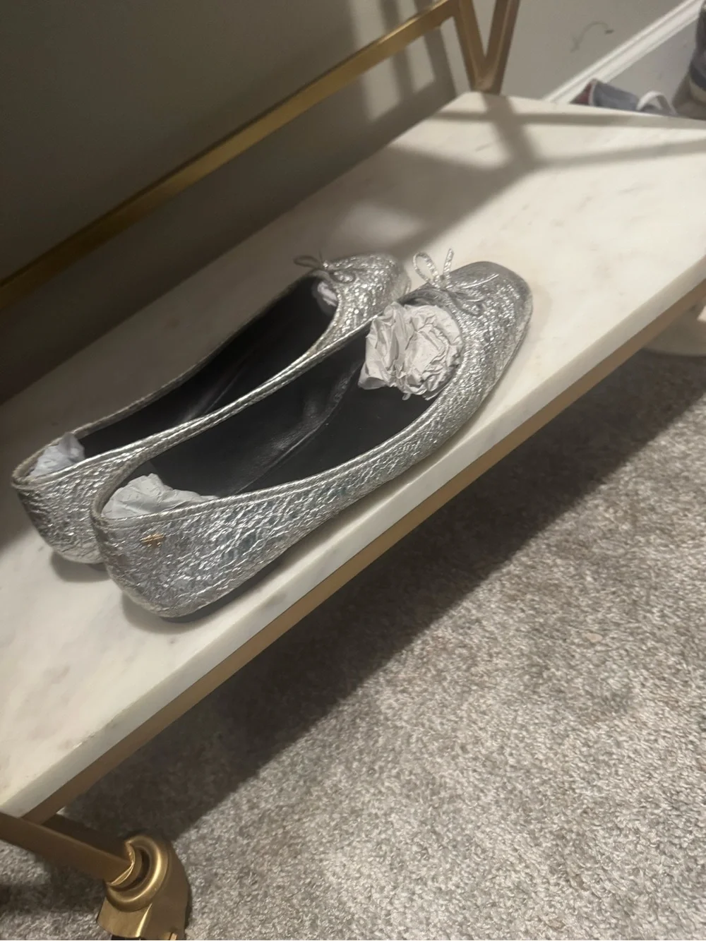 Tory Burch Metallic Silver Ballet Flats with Bow